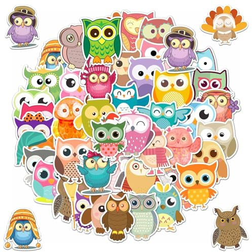 50 Stück Aufkleber Kinder Eule, Kinder Aufkleber Wasserfest, Lernende Tiere Im Spiel, Tiermuster Sticker für Jungen Mädchen, Eule Stickers Set für Laptop, Wasserflaschen, Skateboards, Scrapbook