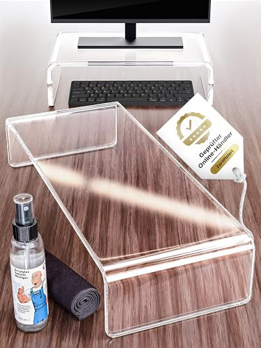 Acrylglas Monitorerhöhung 34x20x10 cm - Premium Monitorständer aus Deutschland - Ergonomische Bildschirmerhöhung inkl. Reinigungsset - Praktischer Schreibtischaufsatz fürs Büro & Homeoffice