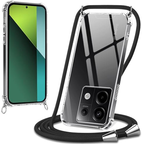 Xylota Coque avec Cordon pour Xiaomi Redmi Note 13 Pro, Etui avec Collier Réglable Laniere Tour de Cou Lanière Corde Lanyard, Transparente Silicone Souple TPU + PC Case Antichoc Housse Cover, Noir
