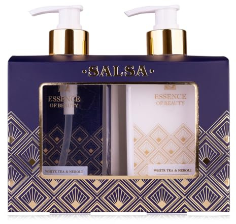 SALSA - ESSENCE OF BEAUTY Handpflegeset Geschenkset für Frauen mit 270ml Handseife und 270ml Handcreme & Nagelcreme im ansprechenden Seifenspender, pflegende Geschenkidee, Duft: White Tea & Neroli