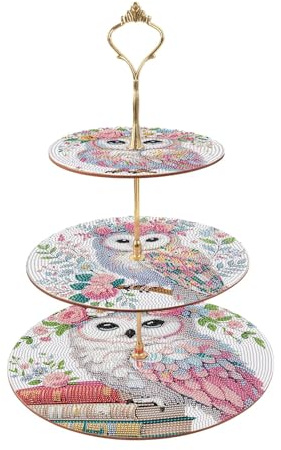 CXINLky 3 Tier DIY Diamond Art Painting Serving Tray, Diamond Art Tiered Serving Tray, Display Tower Tray, Cupcake Stand for Birthday 02 Owl