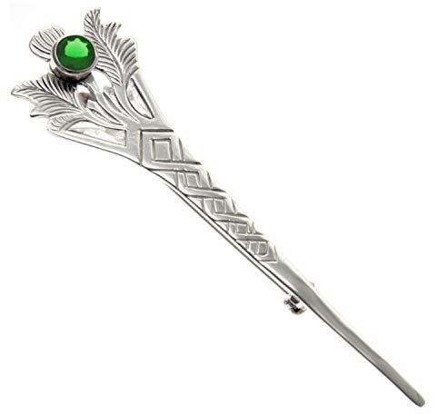 Alexander Castle Broche chardon écossais en argent sterling 925 avec pierre CZ verte pour homme et femme – Accessoire de kilt avec boîte cadeau – 76 mm, Argent sterling, Zircon cubique
