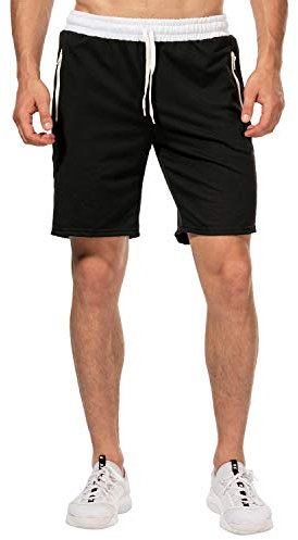 CHYU Herren Sport Joggen und Training Shorts Fitness Kurze Hose Jogging Hose Bermuda Reißverschlusstasch (XXL, Schwarz)