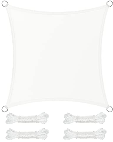 SONGMICS Vela de Sombra de 3 x 3 m, Impermeable con Columna de Agua de 665 mm, Protección Solar, Protección UV 93%, Terraza, Jardín, Balcón, Cuadrada, Cuerdas de 2 m, Blanco GSH33IVV1