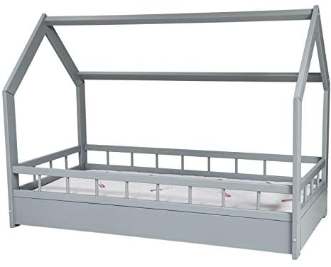 Kinderbett mit Matratze STANDARD Hausbett Einzelbett mit Rausfallschutz 160x80cm (Farbe: grau)