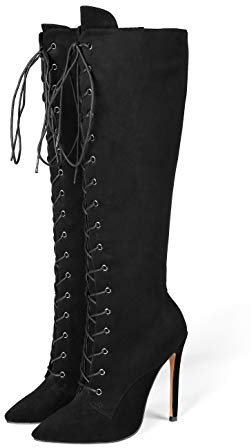 Stivali al Ginocchio da Donna, Stivali Sexy con Tacco a Spillo con Tacco Alto, Stivali Invernali sopra Il Ginocchio da Donna, Stivali con Stringhe Camoscio Nero EU36
