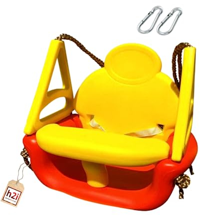 h2i Babyschaukel 3-in-1 Comfort | mit Haltegurt & Haltebügel | wetterfester Babyschaukelsitz ab 6 Monate | Indoor & Outdoor für Jungen & Mädchen | rot-gelb
