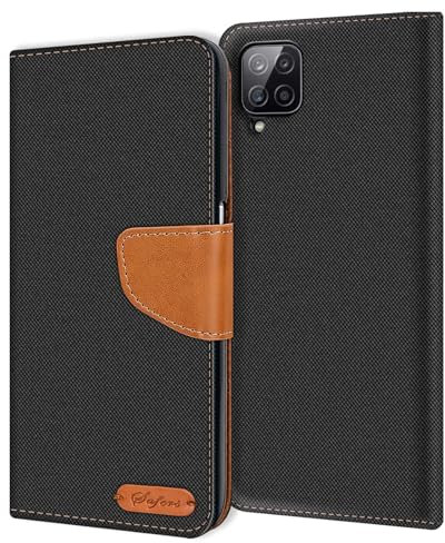 CoolGadget Handyhülle Stoff für Samsung Galaxy A12 / M12 Textil Wallet Case, Stoff-Design mit Magnetverschluss & Kartenfächern, kompatibel mit Samsung Galaxy A12 / M12 (6,5 Zoll), Schwarz