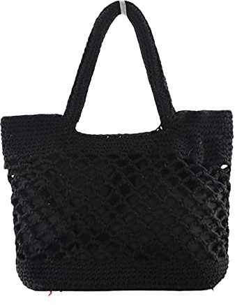 XLHH Damen Stroh Handtasche Tote, Sommer Strand Tasche Mehrfarbig Schultertasche mit Ledergriffe Henkeltasche Crossbody Einkaufstasche Basttasche (Schwarz)