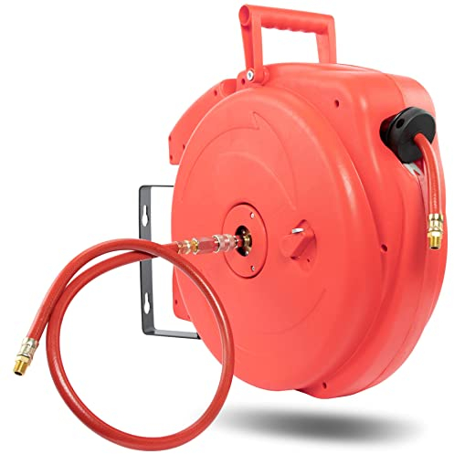 Grafner 20m Druckluftschlauch Aufroller automatisch, 1/4 Anschluss, incl. 180° schwenkbarem Wandschlauchhalter, max. 18 bar Arbeitsdruck, 9,5 mm Innendurchmesser, Automatik Schlauchtrommel