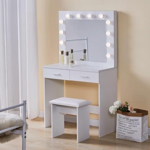 LEMROE Toeletta con 2 cassetti e sgabello, Tavolo da trucco con luci LED Hollywood, mobili per la casa e la camera da letto (bianco)