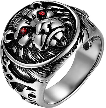 JewelryWe Schmuck Herren-Ring Edelstahl Gothic Biker Siegelring Vintage Löwe Löwenkopf Ringe Bandring mit Gravur Silber Größe 54