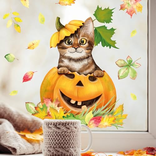 Wandtattoo Loft Fensterbild Herbst Herbstfrüchte Herbstblätter Kürbis mit Katze Halloween bunt wiederverwendbare Fensteraufkleber Kinderzimmer Baby Kind, 2. A3 Bogen