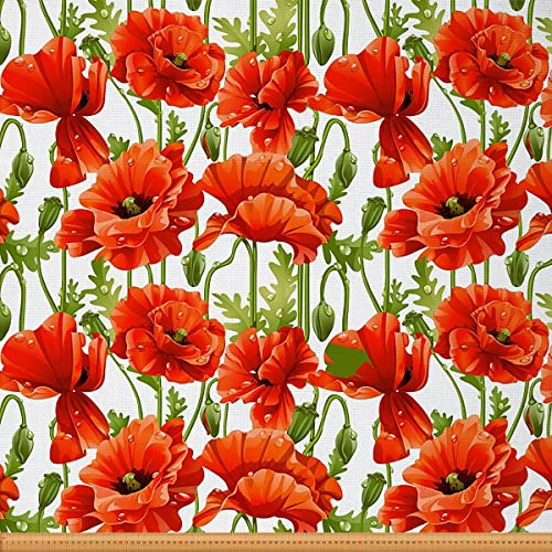 Mohnblumen Stoff Meterware Leuchtend roter Blumen Möbelstoff für Stühle Sofa Couch botanische Blätter Outdoor Stoff wasserdichter Dekorationsstoff für Heimwerkerprojekte 184x150cm Weiß Rot