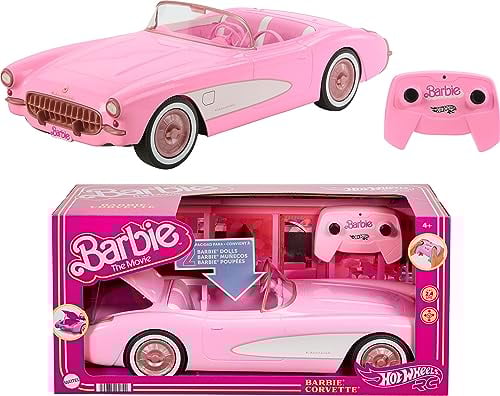 Hot Wheels Remote Control Car, Barbie Corvette From The Movie, Battery-Operated RC Toy Car, Holds 2 Dolls, Trunk Opens for Storage, HPW40