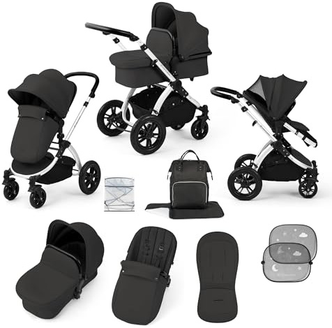 Ickle Bubba Stomp Luxe 2-in-1 All-Terrain Pram (Silver/Charcoal Grey/Black) | Birth to Approx. 4 Years, Includes Rain Cover, Footmuff, Apron & Sunshade, Foldable with Puncture-Proof Wheels