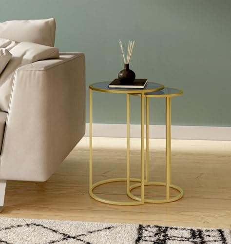 Hallowood Furniture Bourton Golden Metal Round Nest of Tables Set of 2 | Small Tinted Round Glass Top Coffee Table with Golden Frame, Nesting Glass Side Tables For Living Room, Bedroom or Hallway