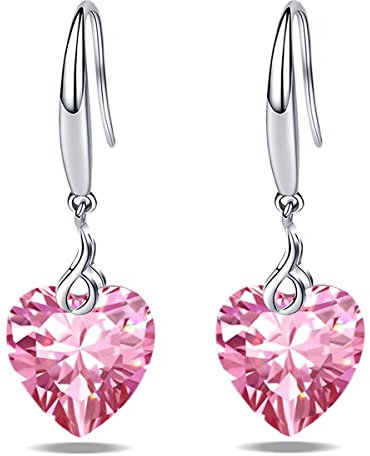 Boucle d’oreille Heart Dangle 925 Argent sterling 5A Coeur Cubique Zircone Drop Earring pour Femmes Bijoux en Argent Cadeau pour Femme Fille (Rose)