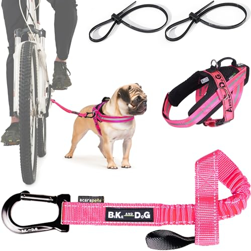 Hundeleine und Hundegeschirr für das Fahrrad, Geschirr mit seitlichen Ringen, inkl. 2 Fahrradgurte. Patentiert. (Rosa, S)