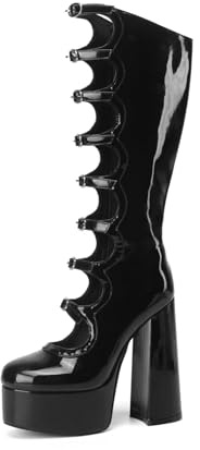 Frankie Hsu Gothic Lolita, stivali da donna con tacco alto al ginocchio e cinturino in vernice nera, con plateau in vernice nera