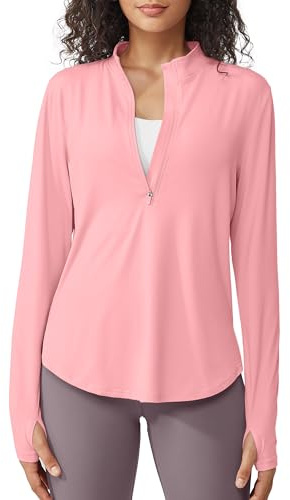 G4Free Long Sleeve Sports T-Shirt Women UPF 50+ Sun Half Zip Shirts Lightweight Quick Dry Workout Tops Running Hiking Breathable Activewear with Thumb Holes Pink