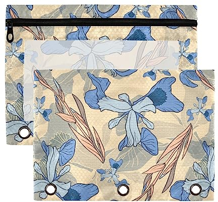 Iris Federmäppchen mit Blumenmuster und 3 Ringen, transparent, wasserdicht, Kunststoff, mit Reißverschluss, Kosmetiktasche, Büro-Dokumenten-Organizer