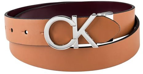 Calvin Klein Damen 2-in-1 wendbare CC-Monogramm-Plaketten-Schnalle Gürtel, Tan/Rot, S