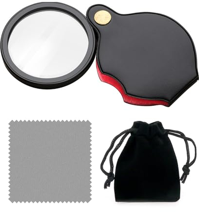 PFLYPF Loupe 5 fois, 1 chiffon de nettoyage et 1 sac de rangement, mini loupe de poche, loupe rotative et pliante avec étui de protection en cuir, convient pour la lecture, les loisirs.