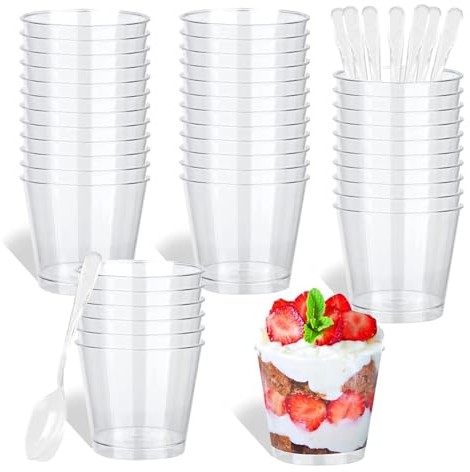 HUOGEE 50 Tazas de Postre Con 50 Cucharas, 200 ml/220 ml, Vasos Transparentes Reutilizables Para Pudines, Mousse, Helados, Fiestas y Hogar
