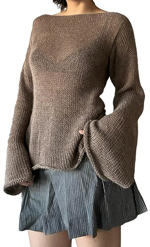 Alaurbeauty Damen Y2k Crochet Crop Top See Through Hollow Out Strickwaren Pullover Häkeln Strickpullover Y2k Strickpullover (Braun, S)