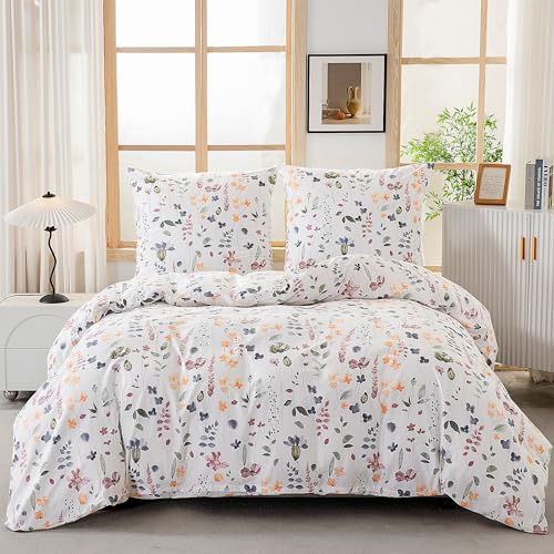 ATsense Bettwäsche 155x220 Baumwolle, 2 teilig Bettwäsche-Sets, Bunt Pflanzen Blumen Muster, ÖKO-TEX Weiche Bettbezug Set mit Reißverschluss und 1 mal 80x80cm Kissenbezug