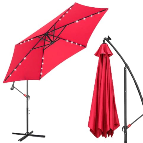 Fiqops Parasol solaire LED 3.5M avec manivelle - En aluminium - Avec support - Protection UV, Parasol de marché étanche pour le jardin, Rouge