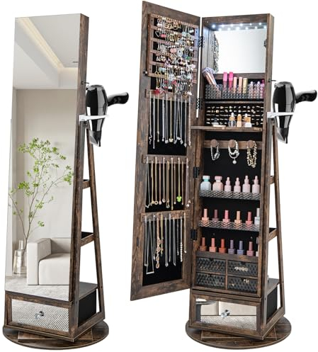HOMASIS Schmuckschrank mit LED, drehbarer Spiegelschrank mit Schubladen, abschließbarer Schmuckregal mit Regalen, Schmuckkasten mit Haartrocknerständer, Schmuck-Organizer aus Holz (Industriales Braun)