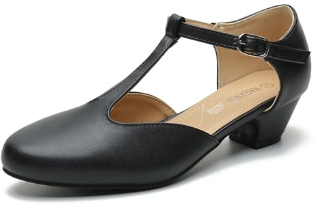 MAIERNISI JESSI Women's T-Strap Mary Jane Pumps, Low Block Heel, Closed Toe, Buckle Ankle Strap Black Matte 42 - US 9.5