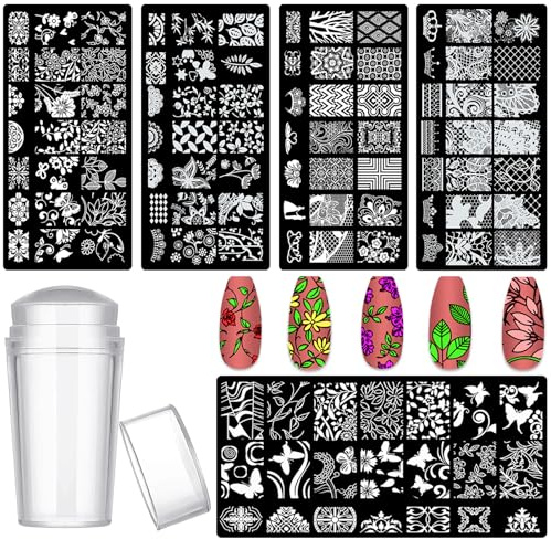 MOLILON 5 x Nail Stamps with Nail Stamper, Nail Scraper, Flower Leaf Tip Nail Stamping Plates, Nail Art Stamping, French Tip Tool, Nail Stencils Template for DIY Nail Art Accessories