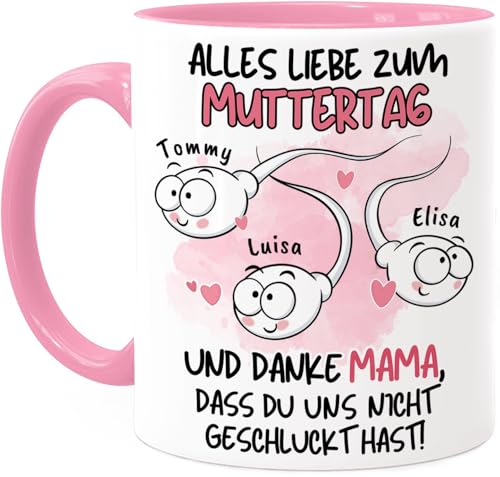 Tassenliebling® Lustige Mama Tasse personalisiert mit 1-3 Kindern - Danke Mama, dass du mich nicht geschluckt hast - Rosa - Muttertagsgeschenk - Geschenk für Mama Mutter Mom