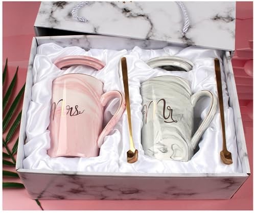 Hylruu Coffee Cups Set, Gifts for Couple Engagement Bridal Shower Bride and Groom Anniversary 14 Oz Ceramic Marble Cup with Gold Pattern (Mr & Mrs)