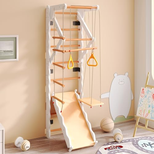 Merax Sprossenwand Klettergerüst Indoor für Kinder, Kletterwand aus Holz inkl. Rutsche, Schaukel, Krabbelleiter, Klimmzugsbereich, Ringe, Spielgeräte, Turnwand, Jungle Gym-Set, bis 50kg, Natur & Weiß