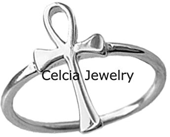 Real 925 Sterling Silver Ankh Ring, Dainty Ring, Cross Ring, Organic Ring, Religious Ring, Stylish Classic Womens Minimalist Ring, Unique Mothers Day Gifts (US Ring size 9.5)