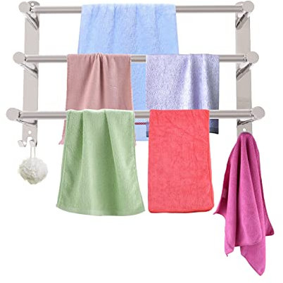 Handtuchhalter Ohne Bohren - Handtuchhalter Bad Ausziehbar 43-78CM - Handtuchstangen Edelstahl mit Haken - Silber 3-Schicht- für Badezimmer Küche