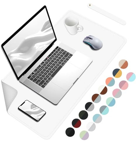 Sous-main double face, sous-main imperméable en cuir PU, grand tapis de souris, protection de table facile à nettoyer, tapis d'écriture pour ordinateur portable - Blanc + argent, 60 x 35 cm
