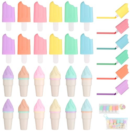 Demarsen 24 Stück Mini Textmarker Set, 6 Farbe Leuchtstifte Pastell, Eisförmige Highlighter Marker, Klein Lustige Stifte, Highlighter Pens für Mitgebsel Kindergeburtstag Party Geschenke Schule