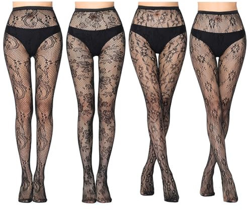 BDSHUNBF 4 Pares Medias de Rejilla Negras para Mujer, Sexy Elásticas (FR/ES, Letras, Talla Única, Regular, 4pcs)