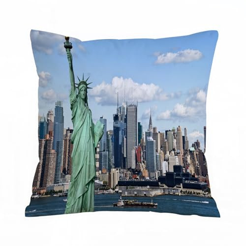 ERRTU Kissenbezug 40x40 cm,Foto Tourismus Konzept Skyline von New York mit New York Freiheitsstatue,Dekokissen Kissenbezüge Deko Kissen Bezug Wohnzimmer Zierkissen für Sofa Stuhl Bett Garten