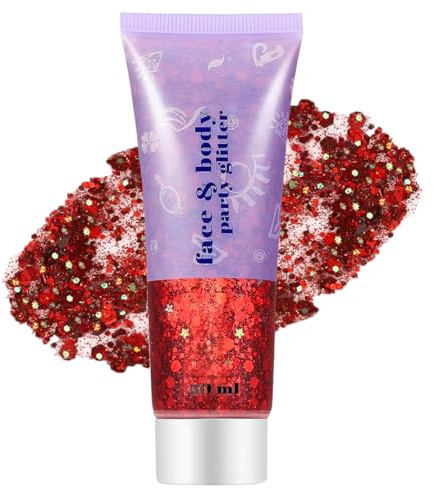Corps Glitter Gel, Mardi Gras visage scintillant maquillage, scintillant cheveux, chanteur concerts festival Rave accessoires, mermaide scintillant couleur du visage du visage (#07 Rouge, 50ml)