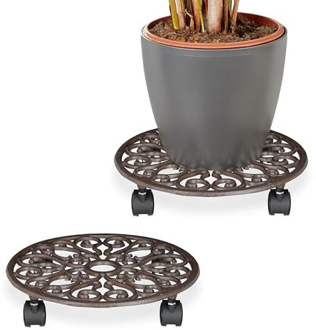 Relaxdays Sottovaso con Ruote, Carrello Portavasi Rotondo in Ghisa, sotto Vaso Interni e Esterni, HxD 7,5x34 cm, Marrone, Plastica