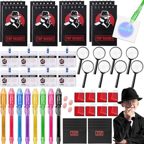 XEERUN 48 Stück Detektiv Kindergeburtstag Mitgebsel, Detektiv Set Kinder, Detektiv Rollenspiel mit Stift Lupen Sonnenbrillen Detektivausweis Umschlag Aufkleber für Junge Mädchen Gastgeschenke