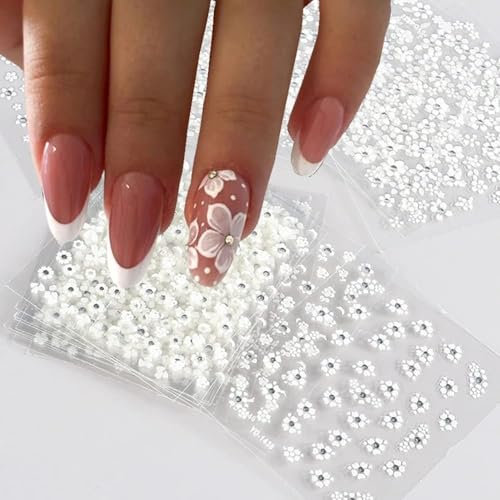 Cosmeria Nail Stickers, 30 Flower Nail Stickers with Rhinestones, Self-adhesive 3D Nail Designs, DIY Nail Art for Women and Girls