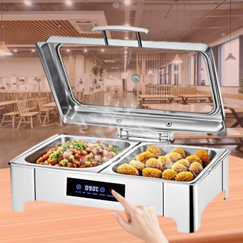 BOVDC Chafing Dish Buffet Electrique 35-85℃ Température Réglable(B,1/2 Pan) | 9L Chauffe Plat Buffet Electrique avec Couvercle en Verre Visible, Marmite Chauffante Buffet pour Restaurants Banquets
