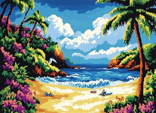 Wallphantom Landschaft DIY Knüpfstern Set Knüpfteppich-Set,Strand,Handgefertigte Teppich Mit Vordruck,3D-Bastelgeschenk,Gewebtes Teppichset,Heimdekoration,52x38cm